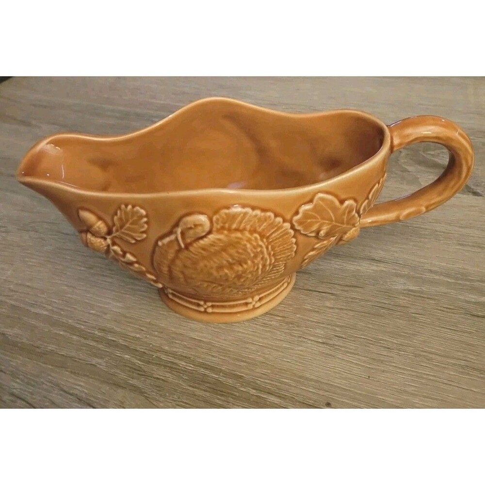Vintage Bordallo Pinheiro Gravy Boat Turkey Oak Acorn Design Holiday EUC